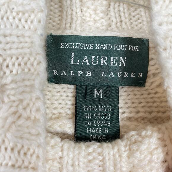 Lauren Ralph Lauren Fisherman Sweater Women M Ivory Hand Knit Cable Chunky FLAW - Picture 4 of 10